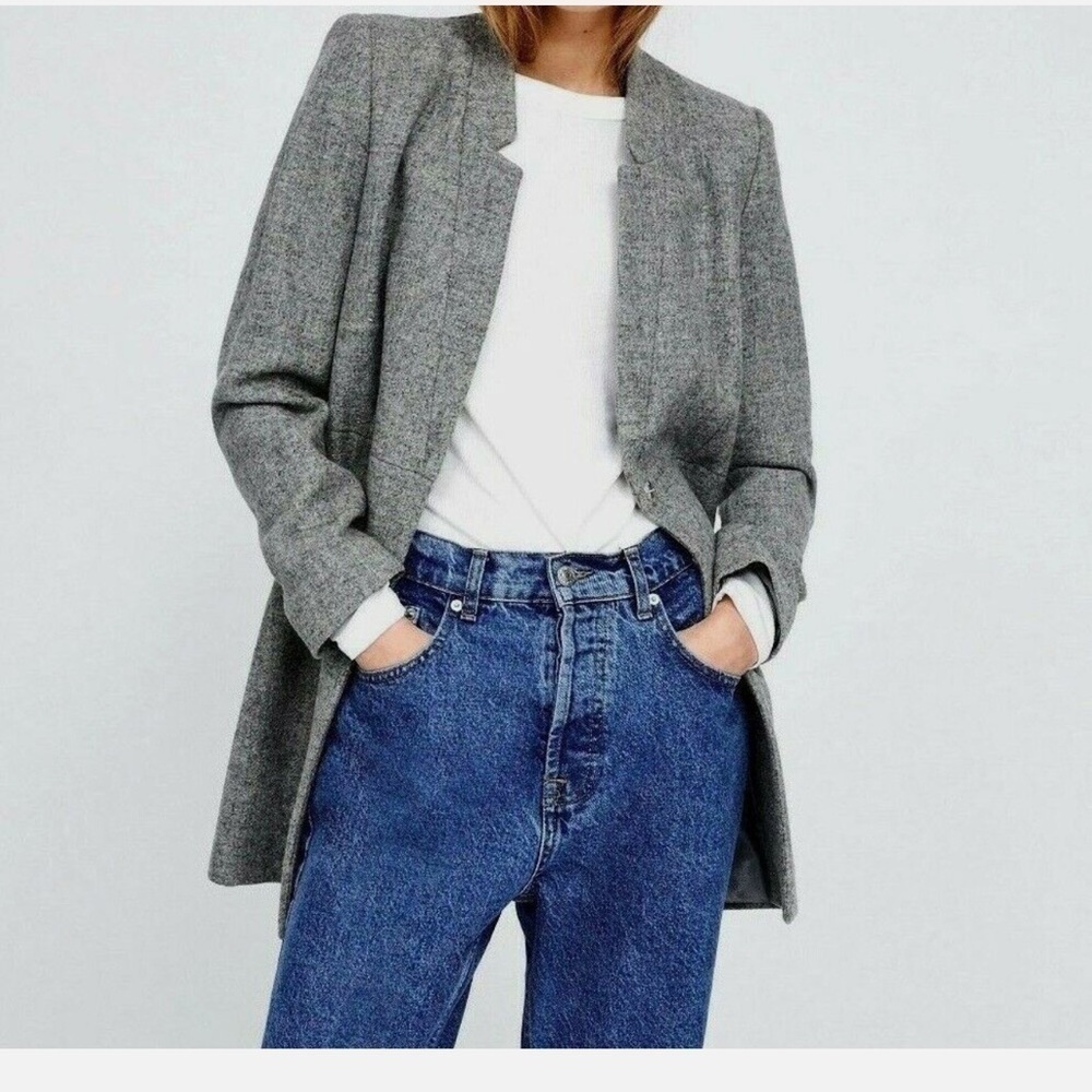 Zara Wool Frock Coat XS Gray Marl Inverted Lapel Winter Fall Overcoat Jacket